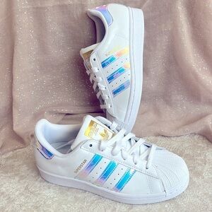 Brand New Adidas Originals Superstar White Lace Up Sneakers Iridescent 3-Stripe